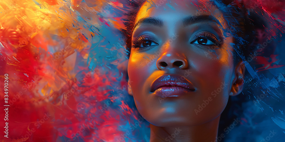 Poster digital rendering of executive portrait vibrant colors dynamic shapes representing confidence and le