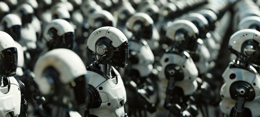 Fototapeta premium Robots army factory humans mass production