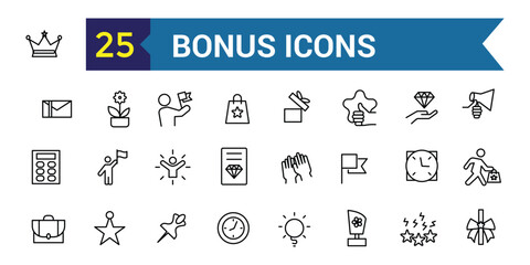 Bonus icons set. Outline set of bonus vector icons for ui design. Outline icon collection. Editable stroke.