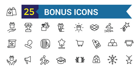 Bonus icons set. Outline set of bonus vector icons for ui design. Outline icon collection. Editable stroke.