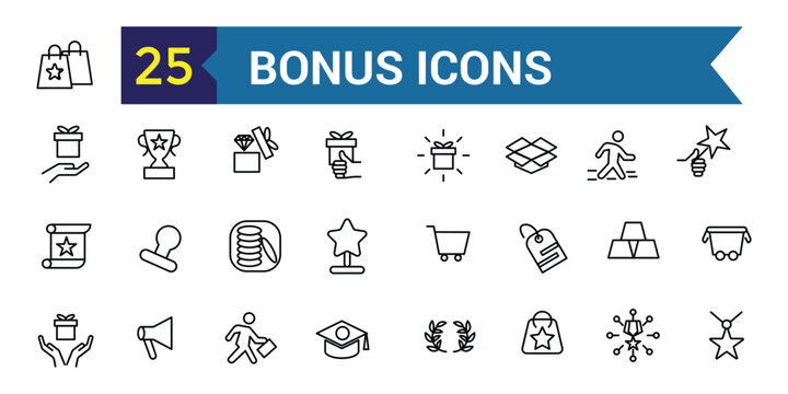 Bonus icons set. Outline set of bonus vector icons for ui design. Outline icon collection. Editable stroke.