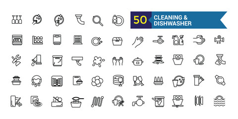 Cleaning and dishwasher icons set. Outline set of repair dishwasher vector icons for ui design. Outline icon collection. Editable stroke.