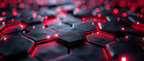 Fototapeta premium Hexagonal metallic surface, carbon black detailing, advanced 3D rendering, enhanced by deep red light, futuristic concept