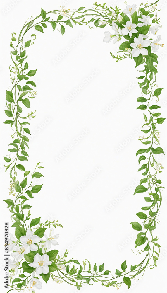 Poster framed botanical border featuring twisting jasmine vines, isolated with transparent negative space f