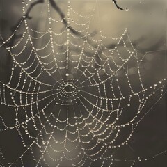 The image shows a spider web with morning dew on it