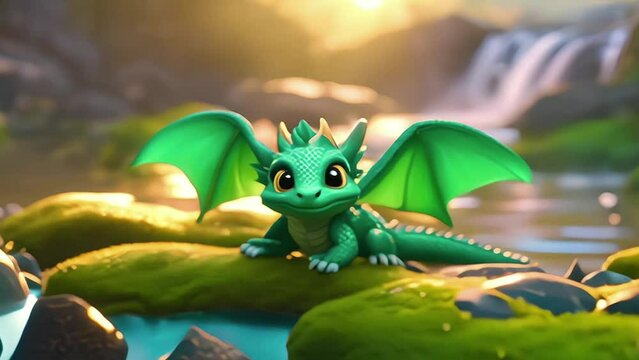 dragon cub on a rock in the river footage