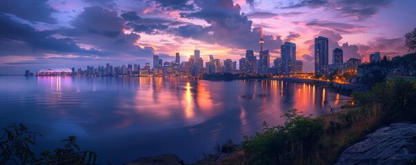 Naklejka premium The purple pink blue sky is reflecting off the calm water, casting a peaceful glow over the city.