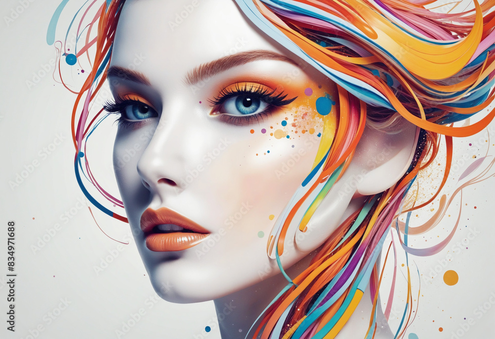 Poster futuristic woman's face transformed by generative ai into a mesmerizing swirl of colors, set against