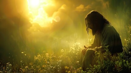 A serene depiction of Jesus Christ being tempted in the wilderness.