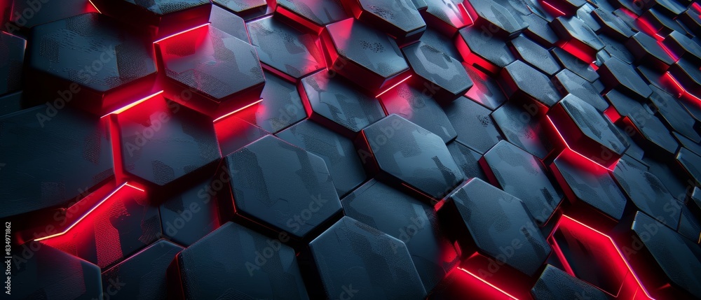 Poster metallic hexagonal pattern with advanced 3d rendering, carbon black detailing, deep red light, futur