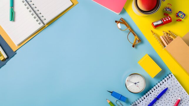 Colorful flat lay of school stationery and essential supplies on blue background perfect for back to school and education promotions