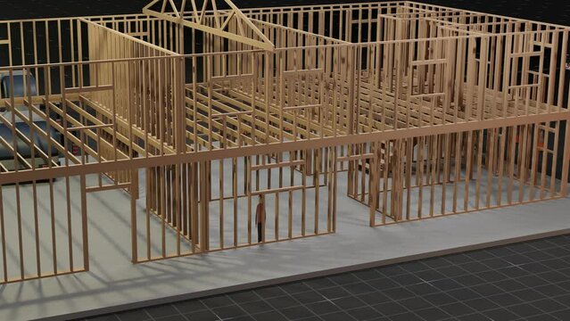 under construction house site, frame structure, with large machines, seamless looping 3D blueprint animation