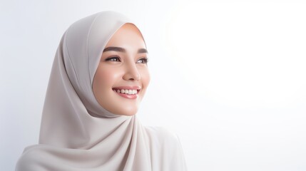 Portrait of a smiling Indonesian woman wearing a white hijab