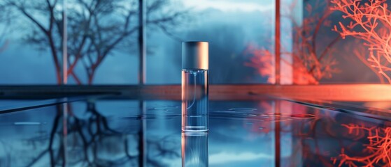 Minimalist perfume bottle design, cylindrical shape, reflected on a mirror, space for a label