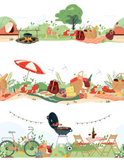 Fototapeta premium Set of summer picnic borders. Hand drawn horizontal seamless pattern, baskets full of delicious, bbq grill party, furniture, camping with tent for relax outdoor. Great for textiles, banners, wallpaper