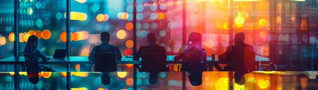 A public relations specialist planning a media strategy with a team selective focus, strategy theme, ethereal, overlay, meeting room backdrop