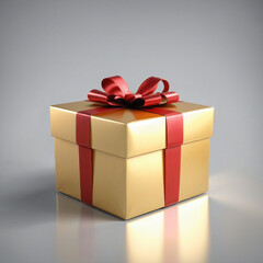 Shiny gold gift box with festive red ribbon for a special occasion