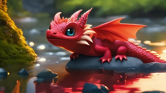 dragon cub on a rock in the river footage