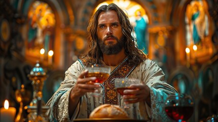A serene depiction of Jesus Christ blessing the bread and wine.