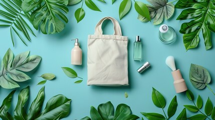 Eco-friendly cotton reusable bag. Fresh natural leaves around. Organic, zero waste cosmetics concept