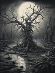 Dark Academia print. Gnarled gothic tree. In style of Gustav Dore.