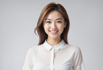 Fototapeta premium Elegant Japanese Model Smiling Beautifully on White Background