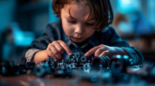 Close-up of a child using a robotics kit, focusing on the assembly of gears and motors.