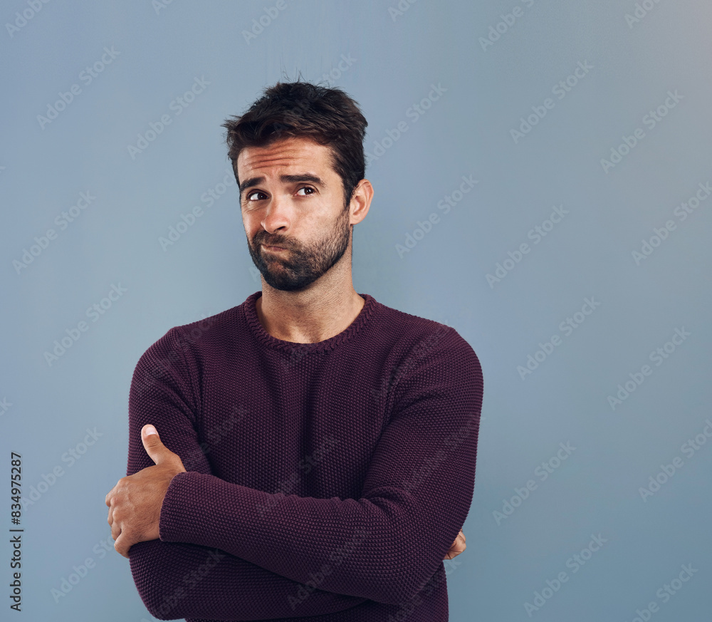 Poster Solution, thinking and man with doubt, decision and problem solving on grey studio background. Person, model and guy with wonder, choice and thoughts with questions, frustrated and confused with why