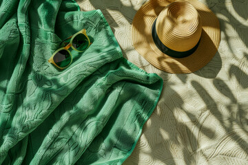 A green towel with sunglasses and a straw hat on it