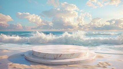 Pastel podium on a sandy beach, with gentle waves and a serene ocean backdrop