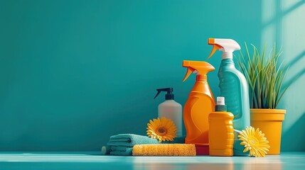 Bright cleaning supplies on a turquoise background for housekeeping. simple and neat composition. ideal for ads and tutorials