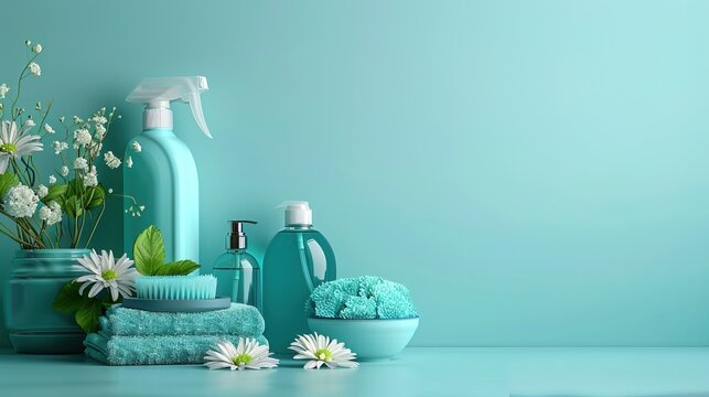 Bright cleaning supplies on a turquoise background for housekeeping. simple and neat composition. ideal for ads and tutorials