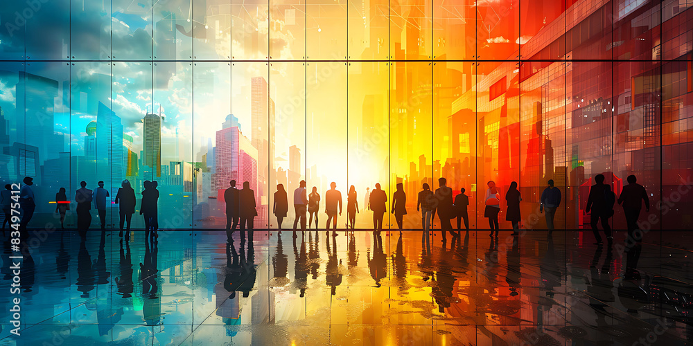 Aufkleber digital rendering of office teamwork vibrant colors and dynamic shapes representing collaboration an