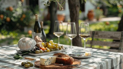 An outdoor table with a striped white and grey tablecloth, wine glasses on the table, with a piece of cheese, a piece of bread, and some olives. Generative AI. - Powered by Adobe