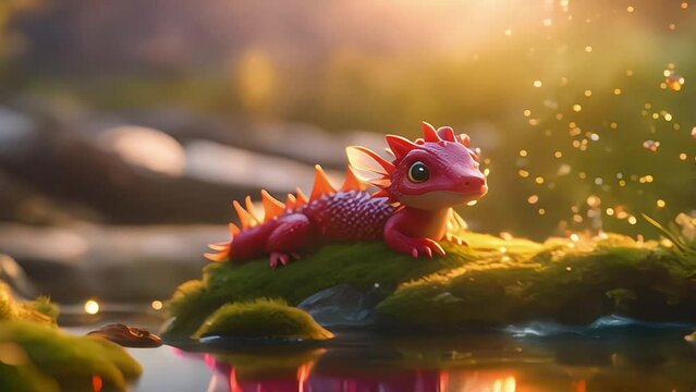 dragon cub on a rock in the river footage