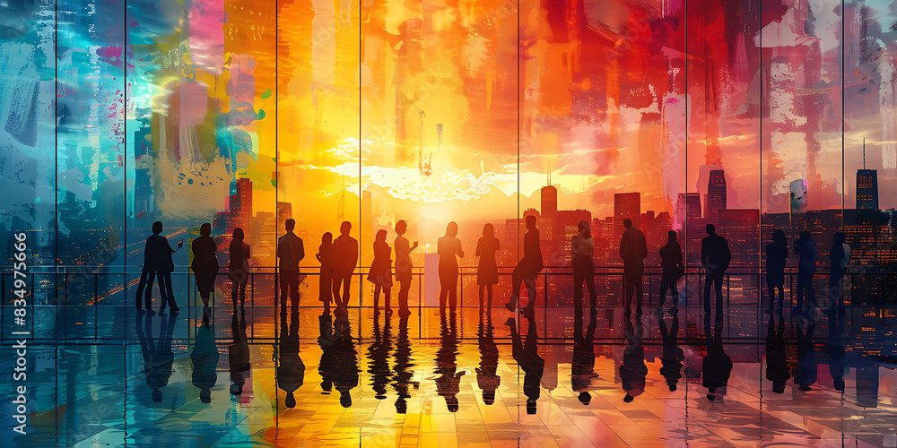 Poster digital rendering of office teamwork vibrant colors and dynamic shapes representing collaboration an