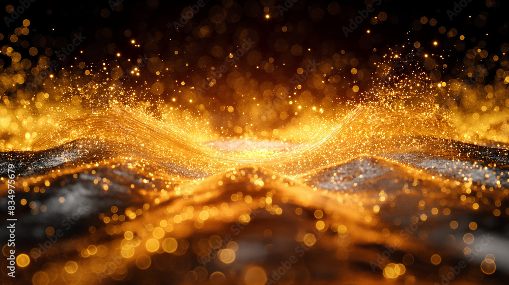 Poster digital generated image of abstract gold turbulent wires growing from center and water drop in the m