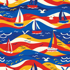 Colorful Nautical Sailing Boats Pattern, Bright and Fun, Ocean Waves Background