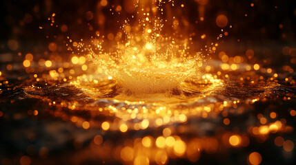 Digital generated image of abstract gold turbulent wires growing from center and water drop in the middle on black background.