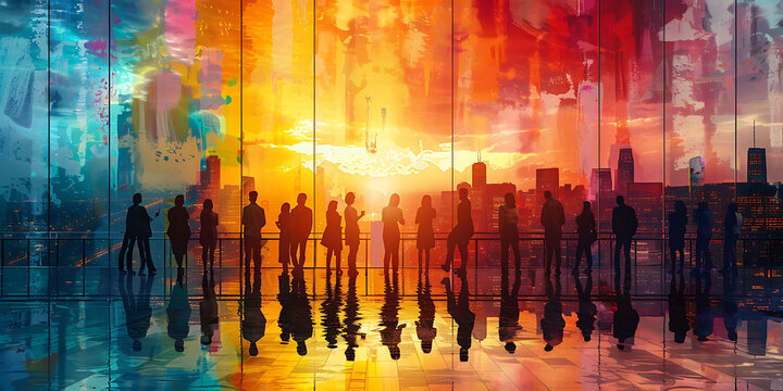 digital rendering of office teamwork vibrant colors and dynamic shapes representing collaboration and synergy HDR Imaging and Pixel Shift Technology capture the vivid details and artistic perspective