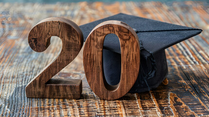 Wooden number 2024 with graduation cap. Class of 2024 concept