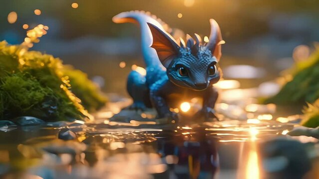 dragon cub on a rock in the river footage