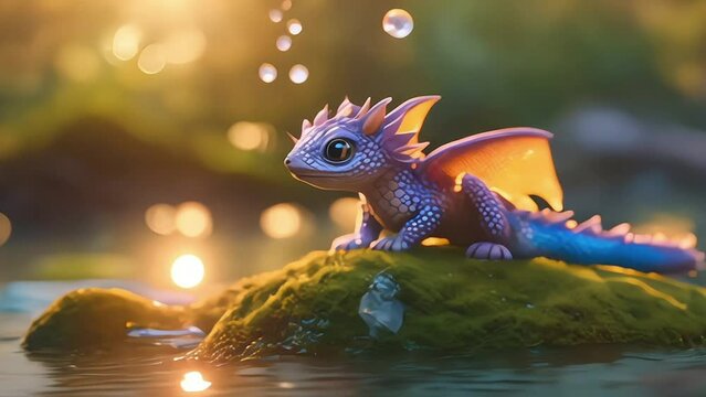 dragon cub on a rock in the river footage