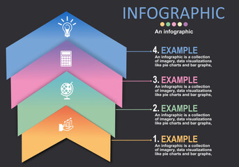 Vector infographic of four tiered arrows arranged in ascending order on a black gray background in modern style for presentations on finance, banking, administration, education, work planning.