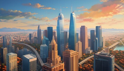 Obraz premium Cityscape overlooking high-rise corporate buildings in the commercial and financial center art design