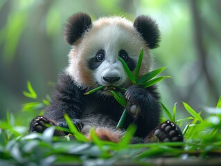 Obraz premium Adorable panda cub happily munching on fresh bamboo shoots in a vibrant green forest setting, showcasing its natural habitat.