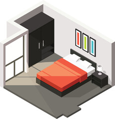 Isometric bedroom vector illustration with bed, wardrobe and table