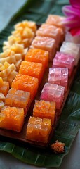 Colorful cubes of assorted tropical fruit jellies arranged on a banana leaf, with a vibrant flower in the background.
