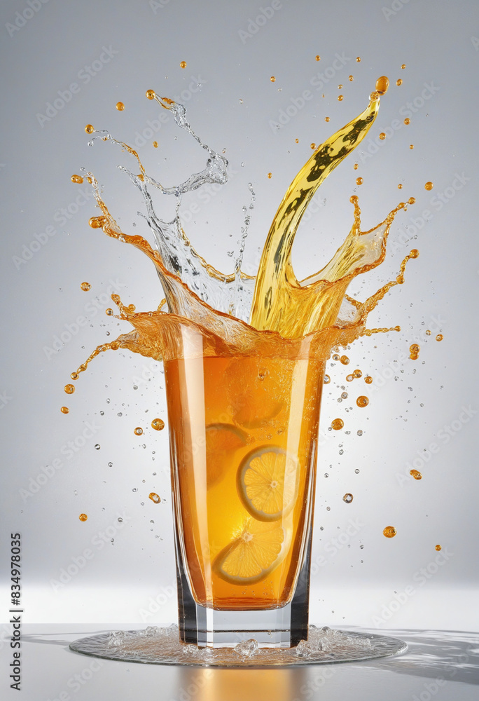 Poster refreshing cocktail with a splash of generative ai, served in a cold glass with ice cubes, isolated 