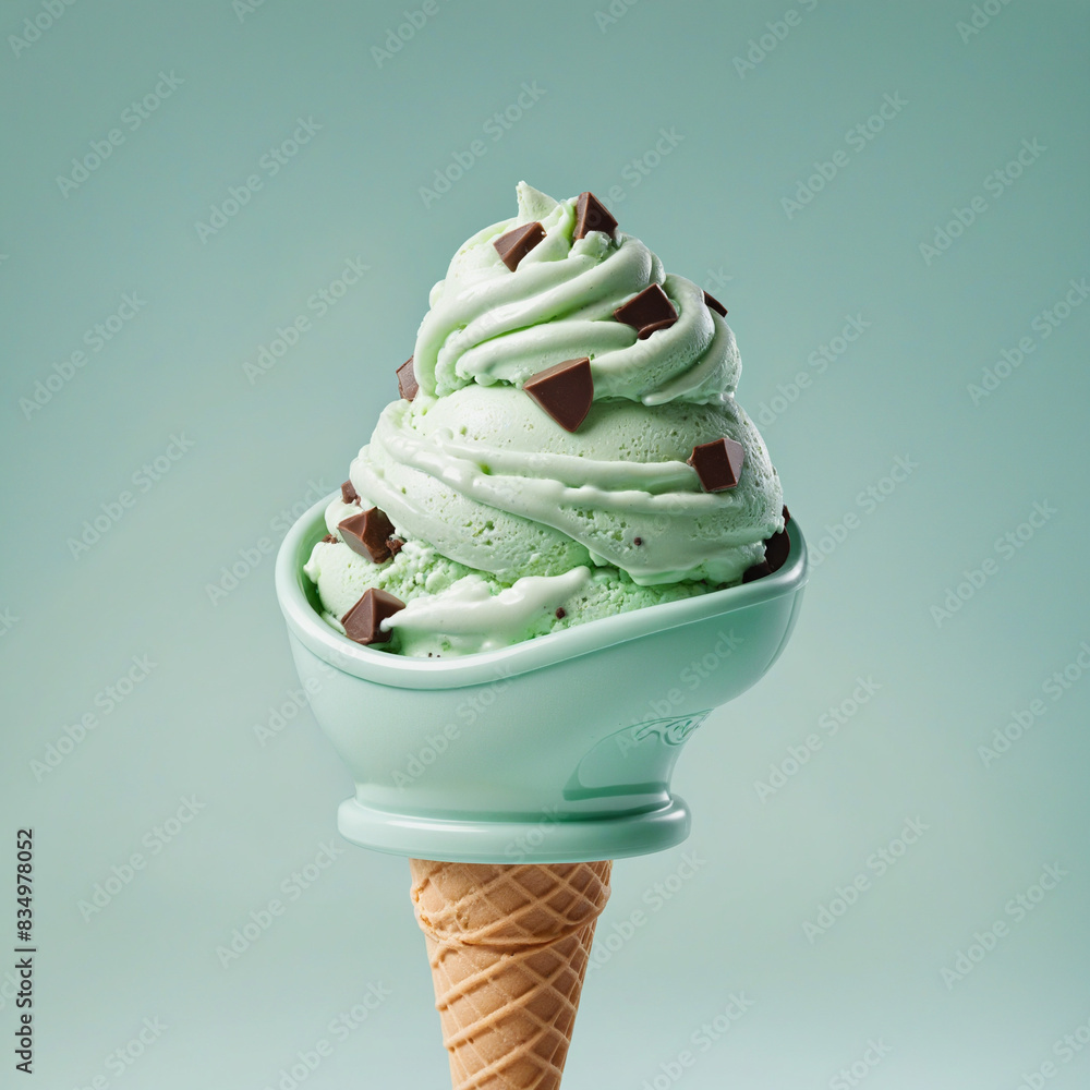 Poster a digitally-rendered mint chocolate chip ice cream scoop with a transparent background, created usin